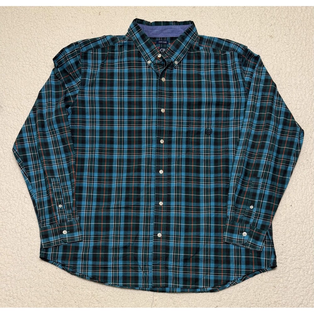 Chaps Mens Plaid Button Up Shirt XXL Blue Green Brown Orange Easy Care Woven